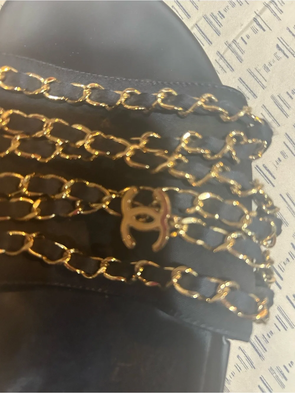 CHANEL Black Slides with Gold Chain Straps